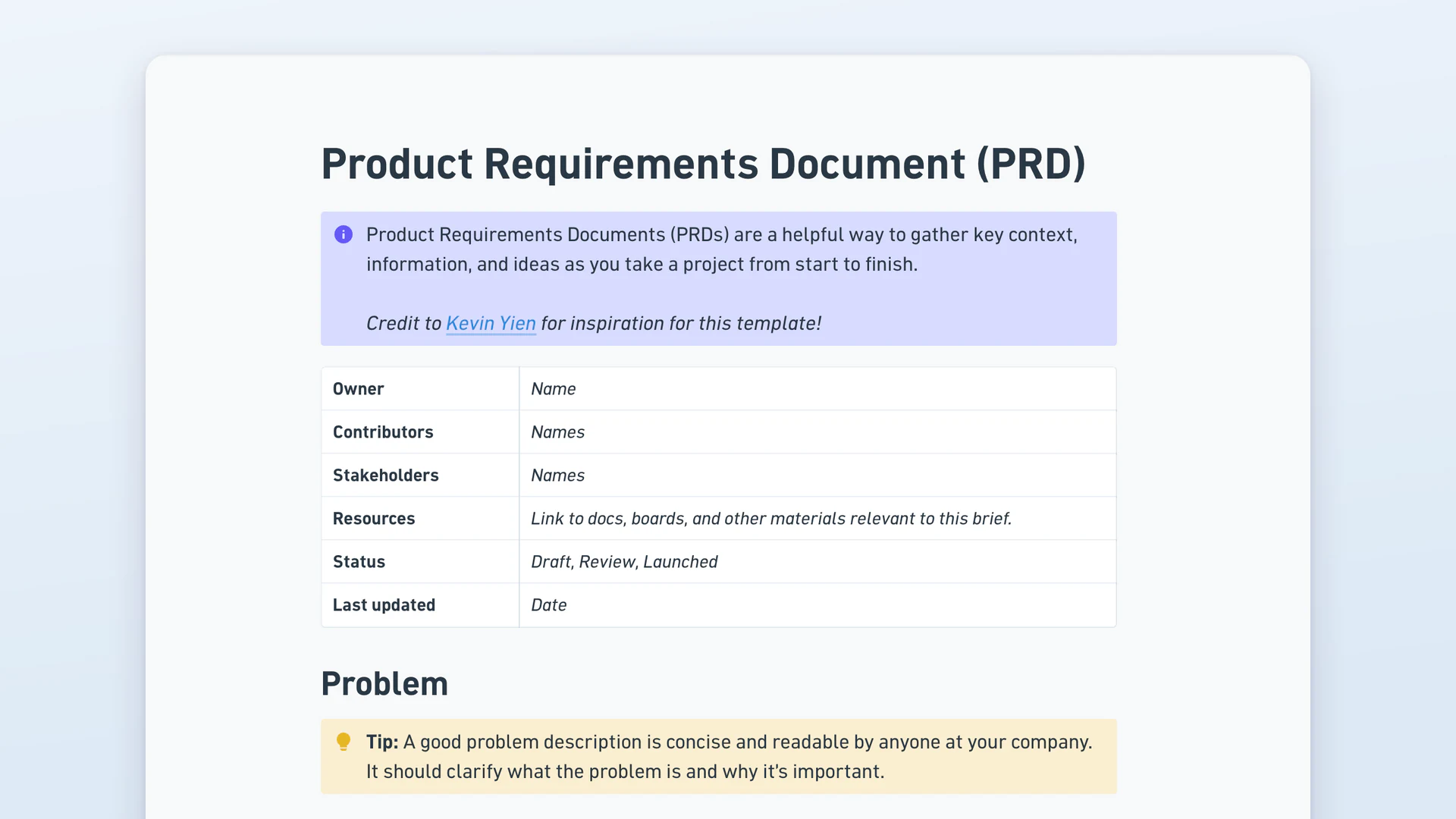 Product requirements document template with an owner and status header, problem and impact sections, a solution outline with key features, flows and no-gos, a milestone table with exit criteria, and an operational checklist by team.